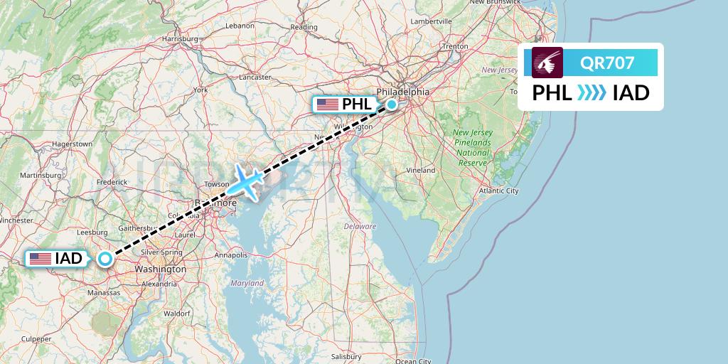 QR707 Qatar Airways Flight Map: Philadelphia to Washington