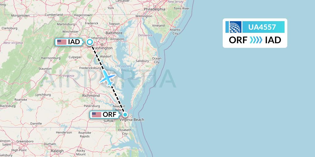 UA4557 United Airlines Flight Map: Norfolk to Washington