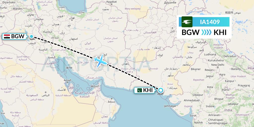 IA1409 Iraqi Airways Flight Map: Baghdad to Karachi