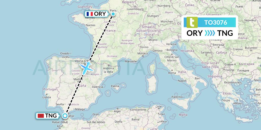 TO3076 Transavia France Flight Map: Paris to Tangier