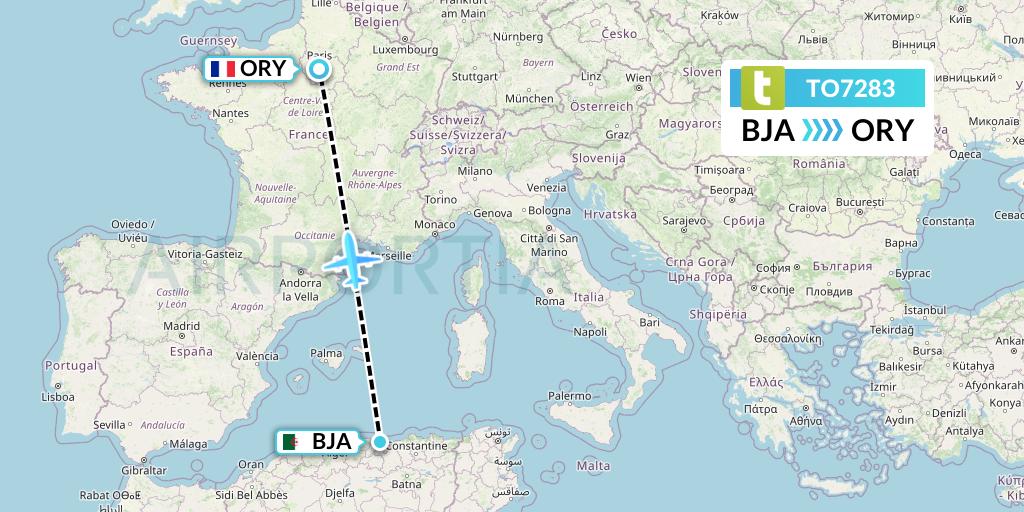 TO7283 Transavia France Flight Map: Bejaia to Paris