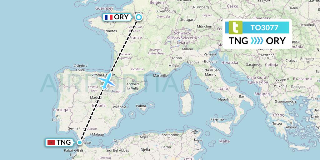 TO3077 Transavia France Flight Map: Tangier to Paris