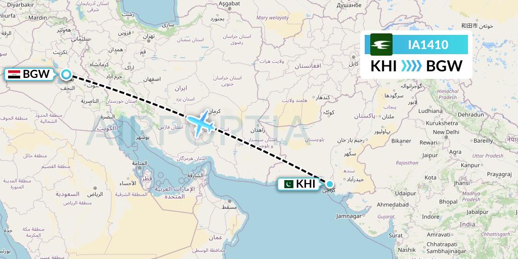 IA1410 Iraqi Airways Flight Map: Karachi to Baghdad