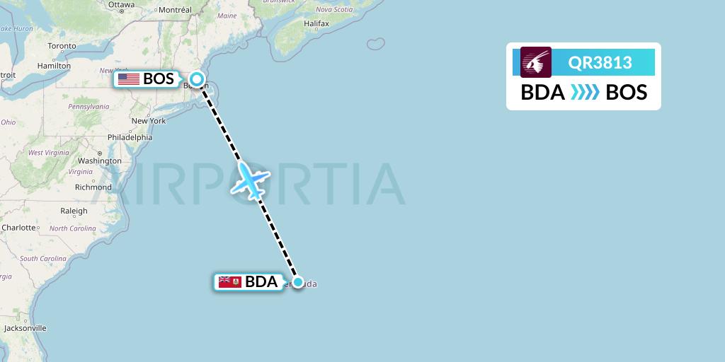 QR3813 Qatar Airways Flight Map: Bermuda to Boston