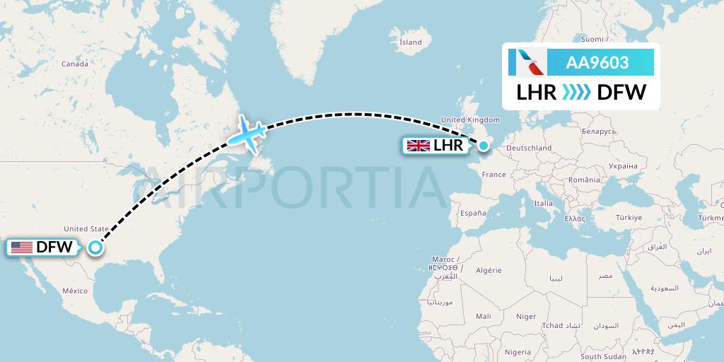 AA9603 American Airlines Flight Map: London to Dallas