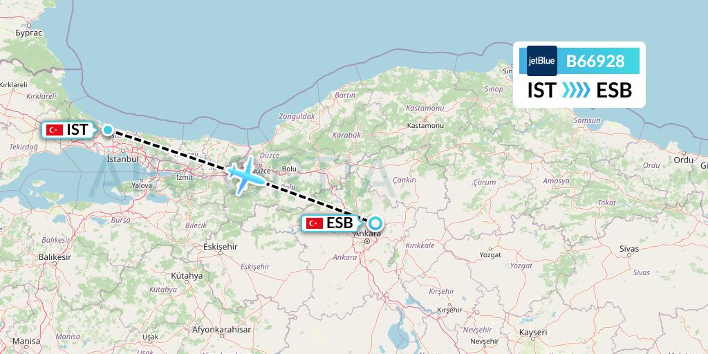 B66928 JetBlue Airways Flight Map: Istanbul to Ankara