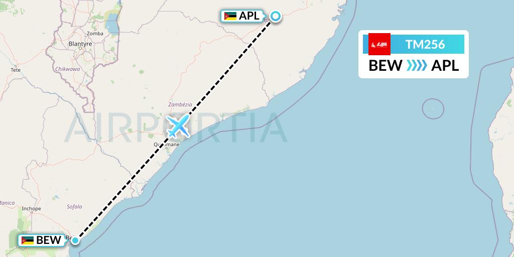 TM256 LAM Mozambique Airlines Flight Map: Beira to Nampula