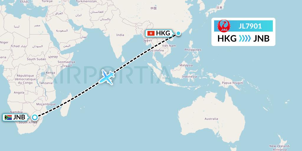 JL7901 Japan Airlines Flight Map: Hong Kong to Johannesburg