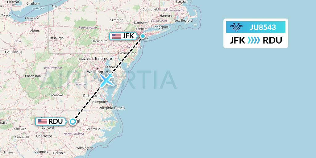 JU8543 AirSERBIA Flight Map: New York to Raleigh-Durham