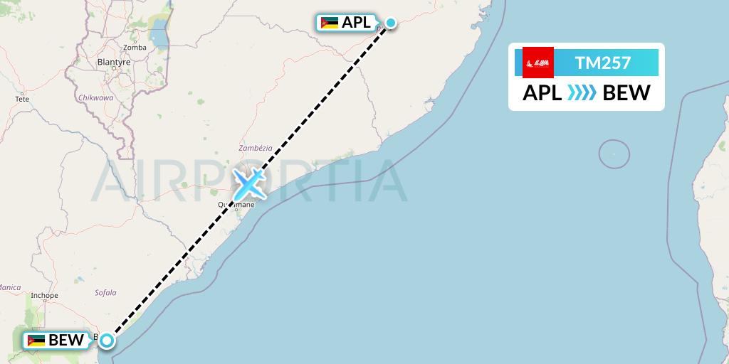 TM257 LAM Mozambique Airlines Flight Map: Nampula to Beira