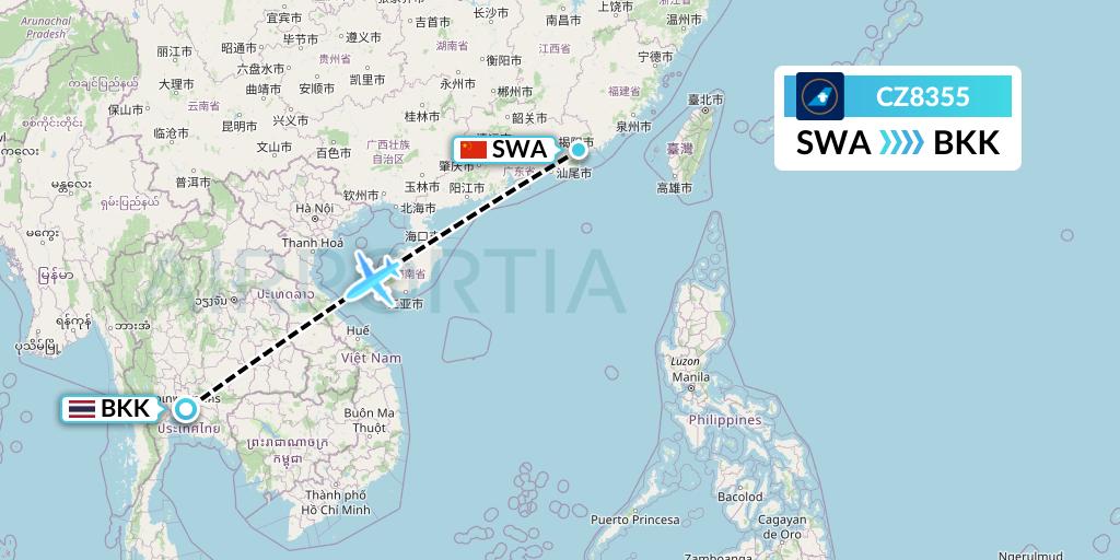 CZ8355 China Southern Airlines Flight Map: Jieyang to Bangkok