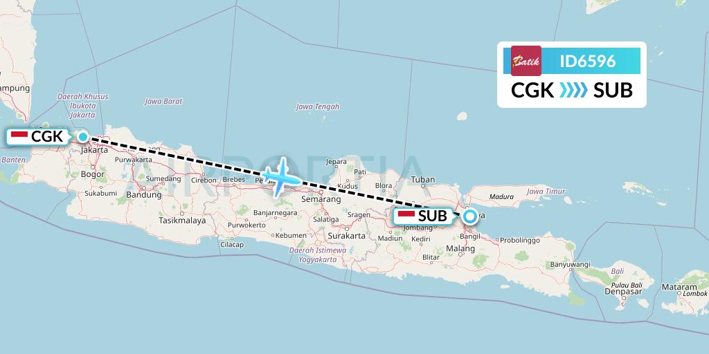 ID6596 Batik Air Flight Map: Jakarta to Surabaya