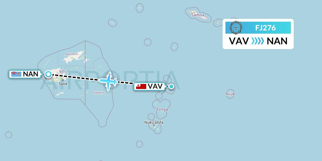 FJ276 Fiji Airways Flight Map: Vavau to Nadi