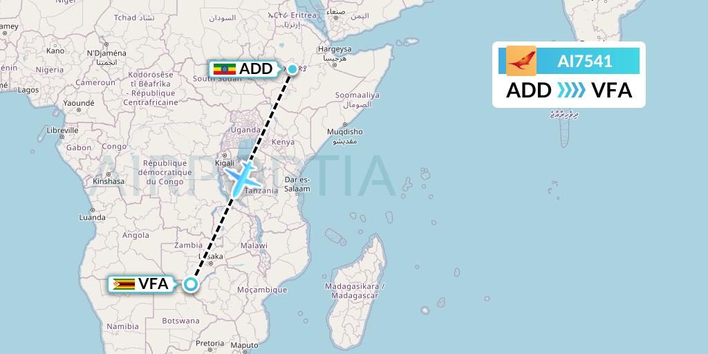 AI7541 Air India Flight Map: Addis Ababa to Victoria Falls