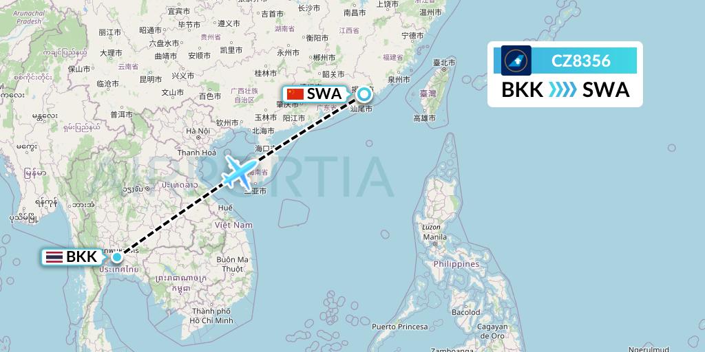 CZ8356 China Southern Airlines Flight Map: Bangkok to Jieyang