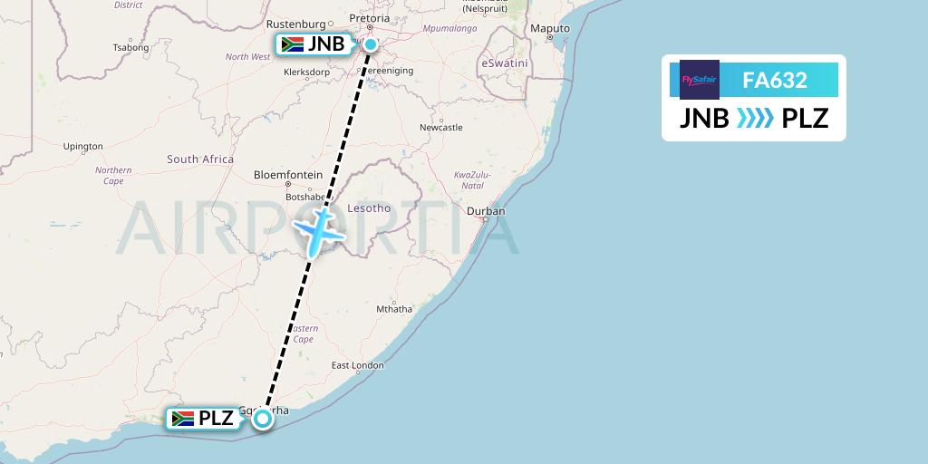 FA632 Safair Flight Map: Johannesburg to Port Elizabeth