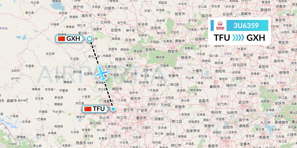 3U6359 Sichuan Airlines Flight Map: Chengdu to Xiahe