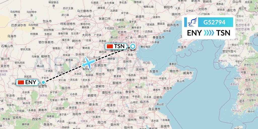 G52794 China Express Airlines Flight Map: Yan'an to Tianjin
