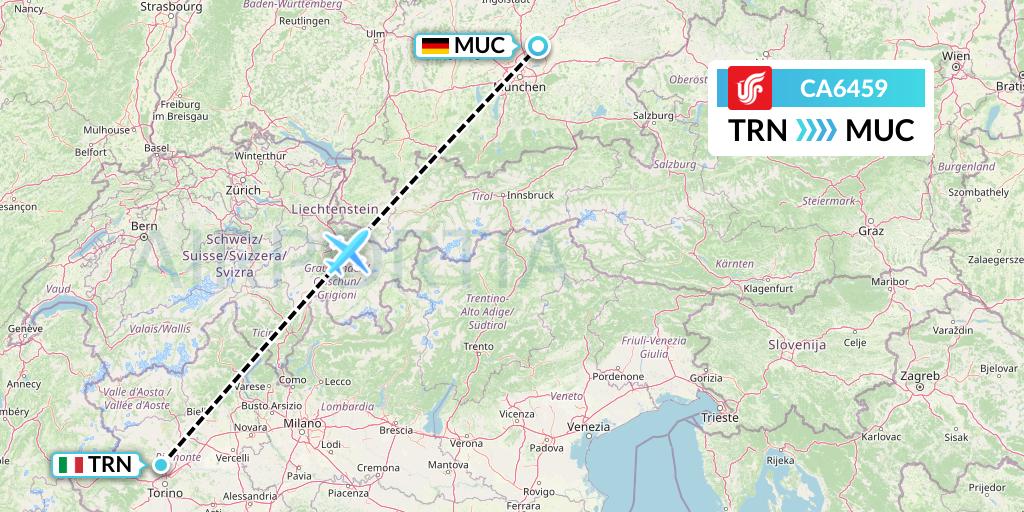 CA6459 Air China Flight Map: Turin to Munich