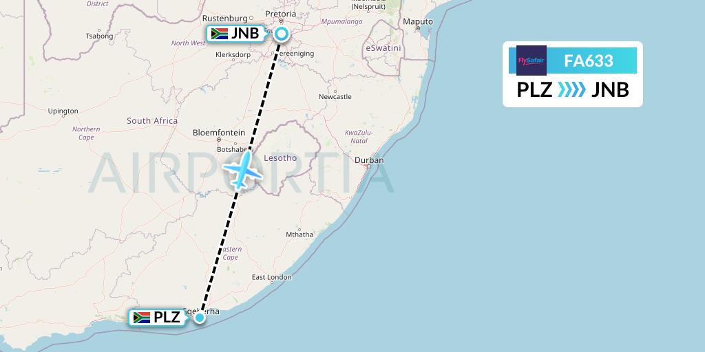 FA633 Safair Flight Map: Port Elizabeth to Johannesburg