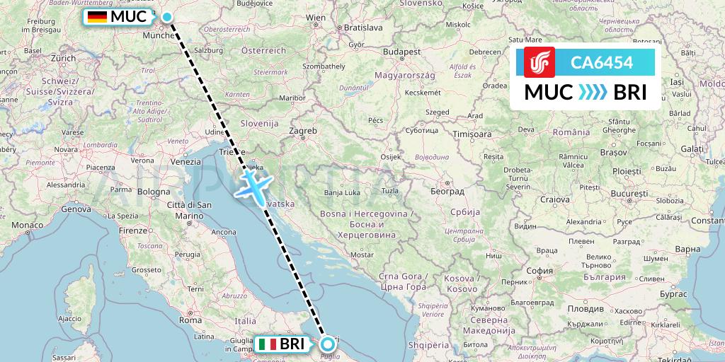CA6454 Air China Flight Map: Munich to Bari