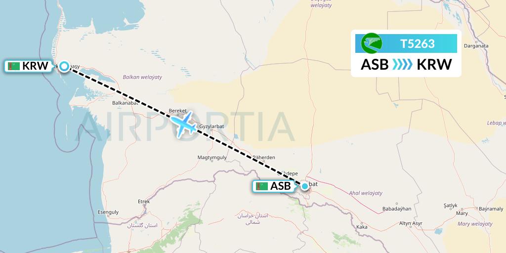 T5263 Turkmenistan Airlines Flight Map: Ashgabat to Turkmenbashi