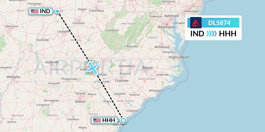 DL5874 Delta Air Lines Flight Map: Indianapolis to Hilton Head Island