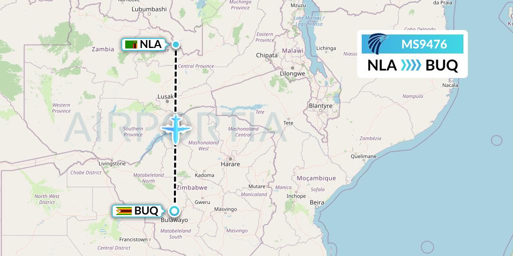 MS9476 EgyptAir Flight Map: Ndola to Bulawayo