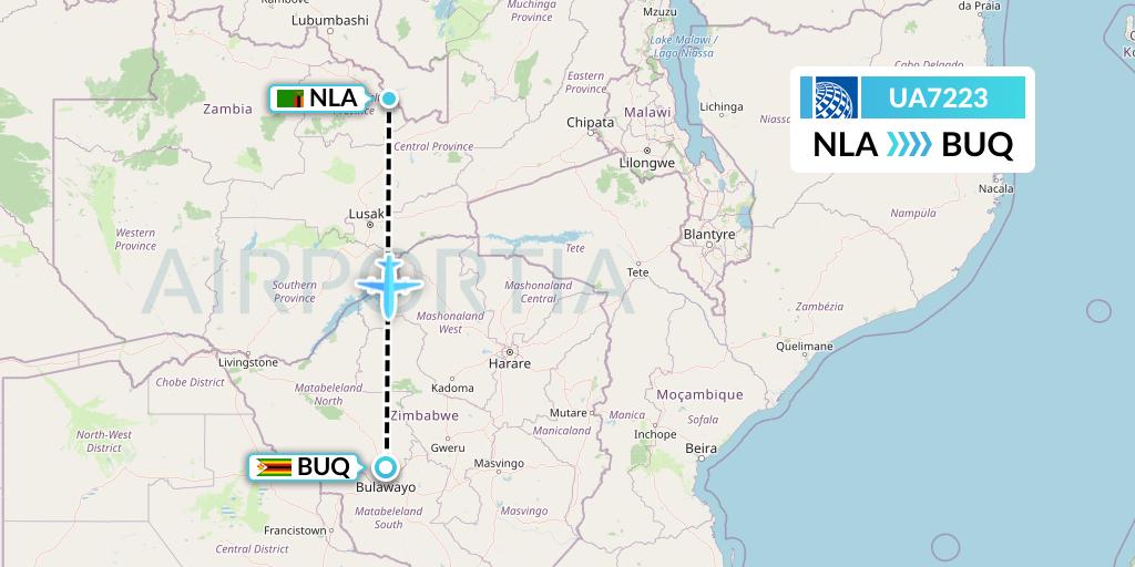 UA7223 United Airlines Flight Map: Ndola to Bulawayo