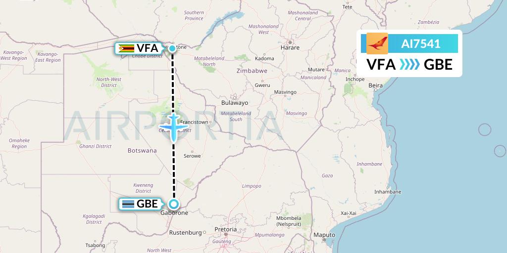 AI7541 Air India Flight Map: Victoria Falls to Gaborone