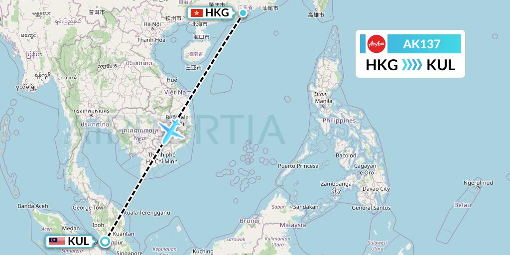 AK137 AirAsia Flight Map: Hong Kong to Kuala Lumpur