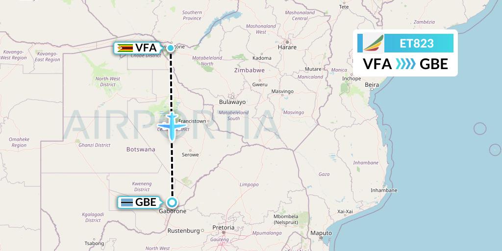 ET823 Ethiopian Airlines Flight Map: Victoria Falls to Gaborone