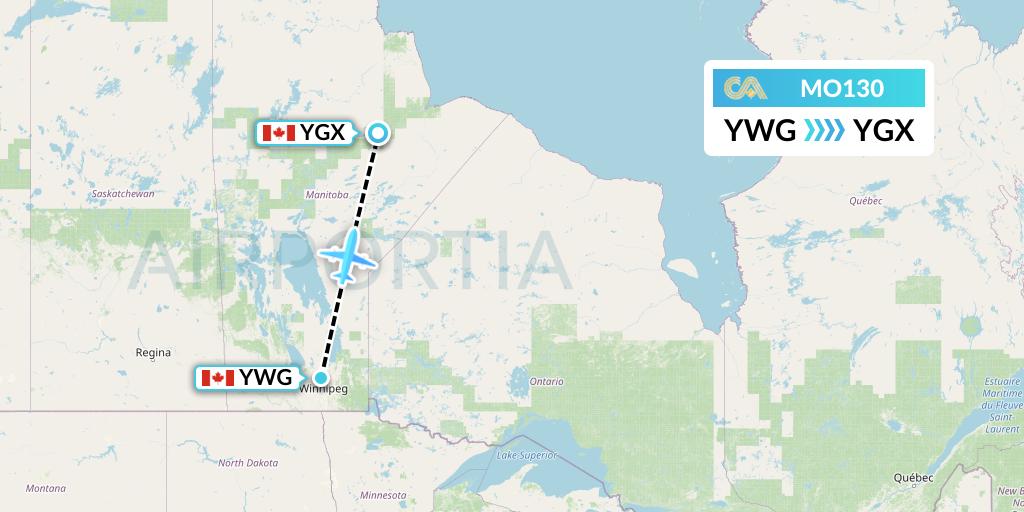 MO130 Calm Air Flight Map: Winnipeg to Gillam
