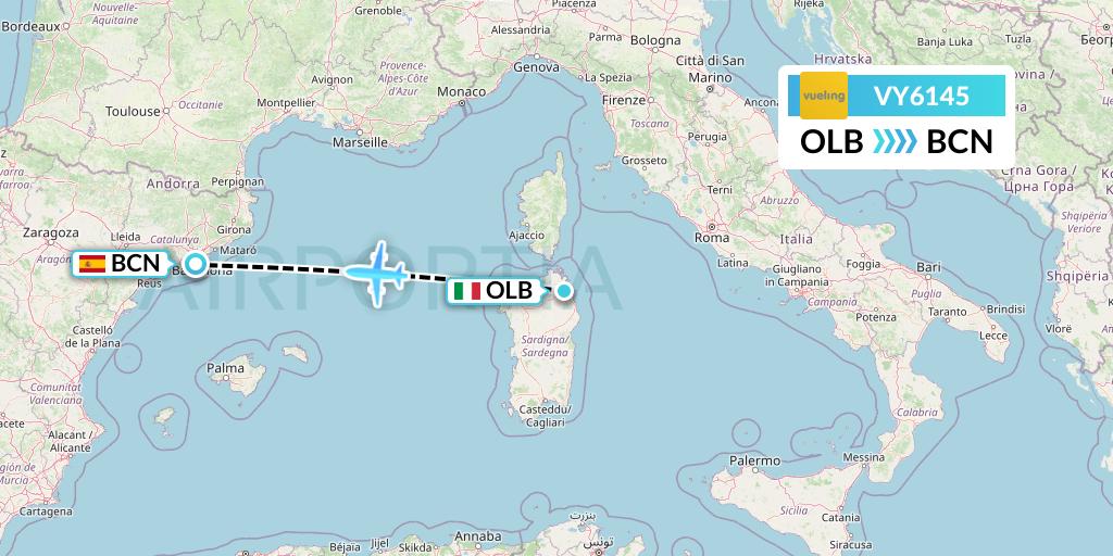 VY6145 Vueling Flight Map: Olbia to Barcelona