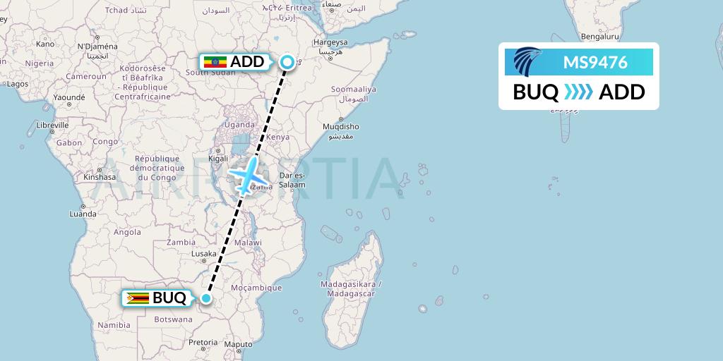 MS9476 EgyptAir Flight Map: Bulawayo to Addis Ababa