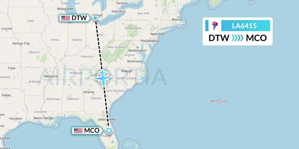 LA6415 LAN Airlines Flight Map: Detroit to Orlando