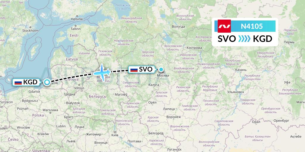 N4105 Nordwind Airlines Flight Map: Moscow to Kaliningrad