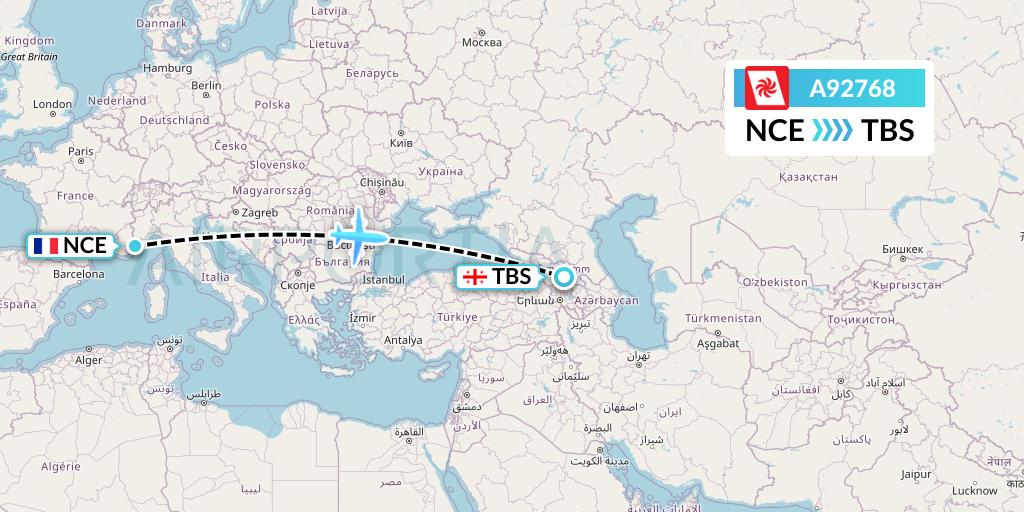 A92768 Georgian Airways Flight Map: Nice to Tbilisi