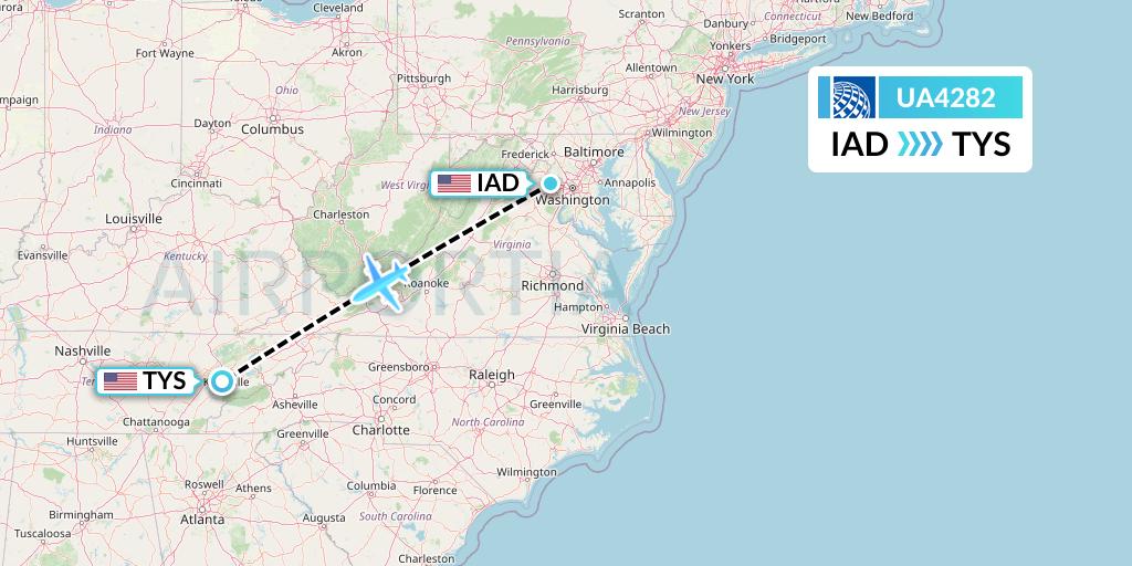 UA4282 United Airlines Flight Map: Washington to Knoxville