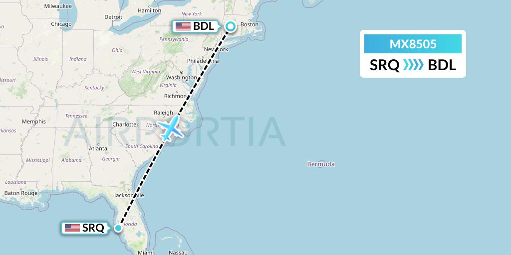 MX8505 Breeze Airways Flight Map: Sarasota to Windsor Locks