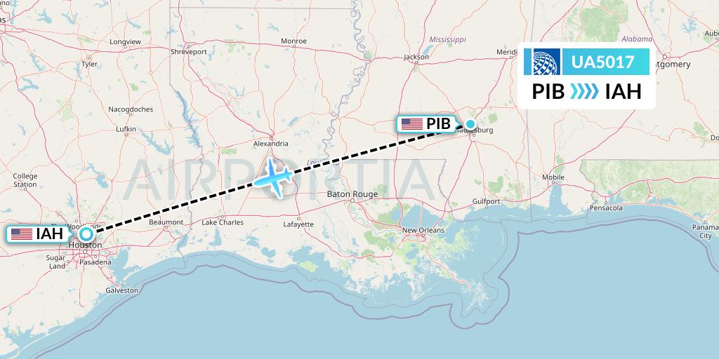 UA5017 United Airlines Flight Map: Hattiesburg to Houston