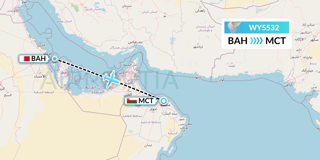 WY5532 Oman Air Flight Map: Bahrain to Muscat