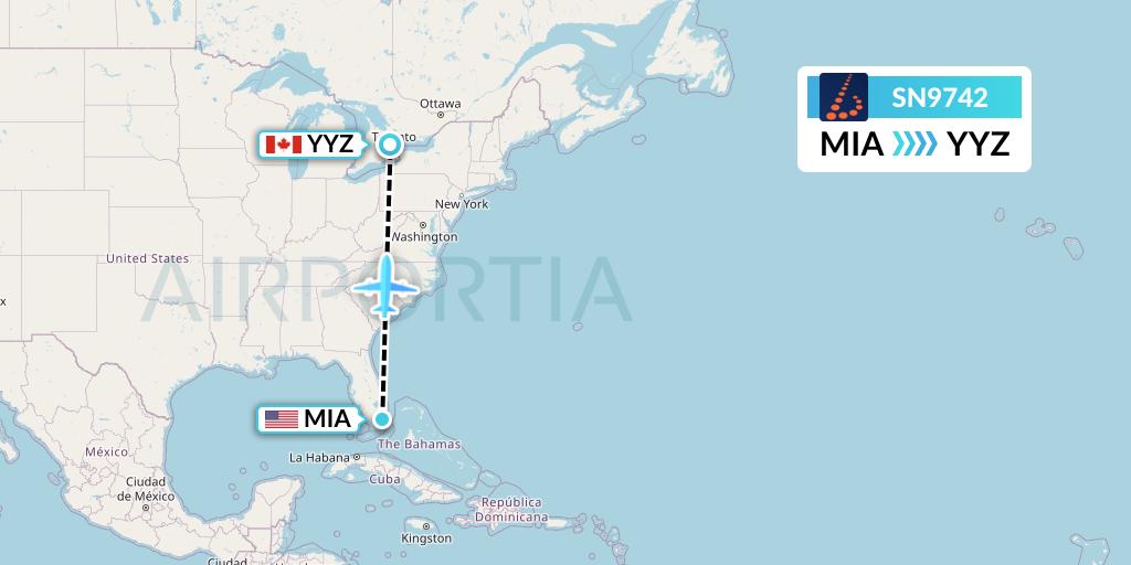 SN9742 Brussels Airlines Flight Map: Miami to Toronto