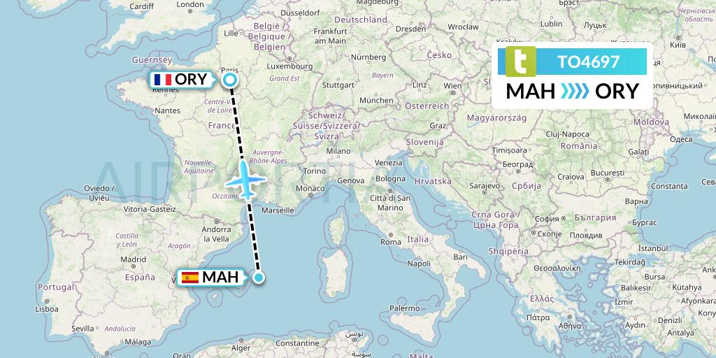 TO4697 Transavia France Flight Map: Mahon to Paris