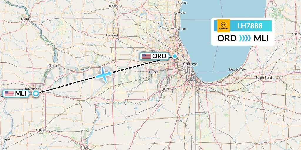 LH7888 Lufthansa Flight Map: Chicago to Moline