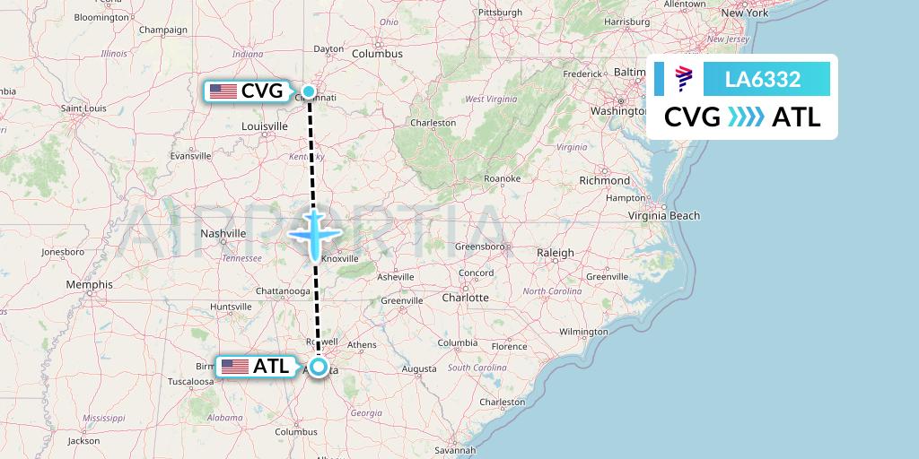 LA6332 LAN Airlines Flight Map: Cincinnati to Atlanta