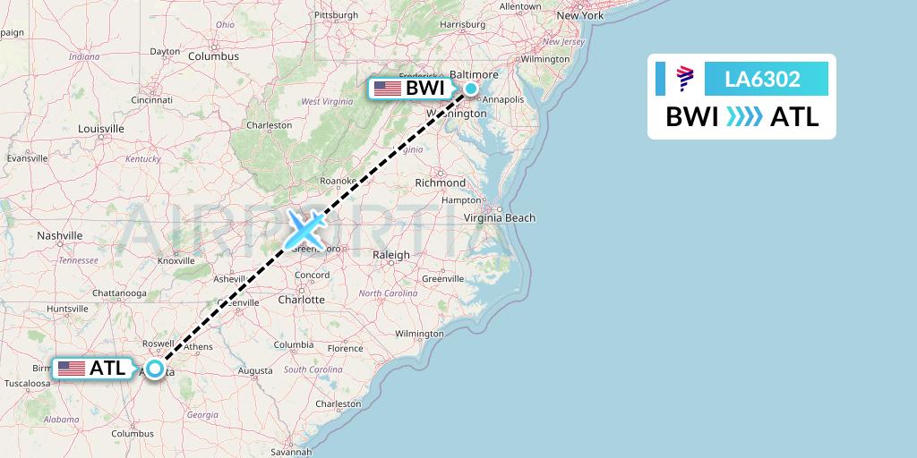 LA6302 LAN Airlines Flight Map: Baltimore to Atlanta