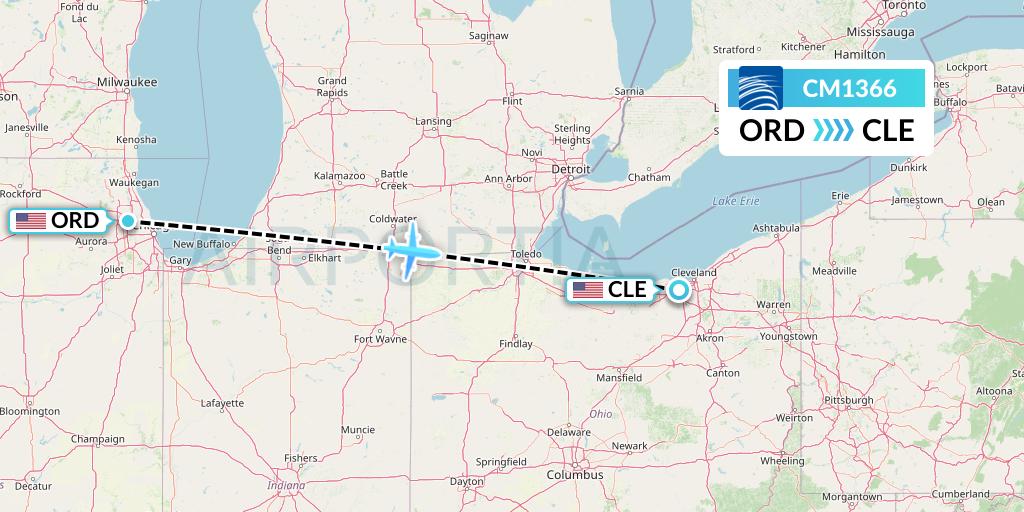 CM1366 Copa Airlines Flight Map: Chicago to Cleveland