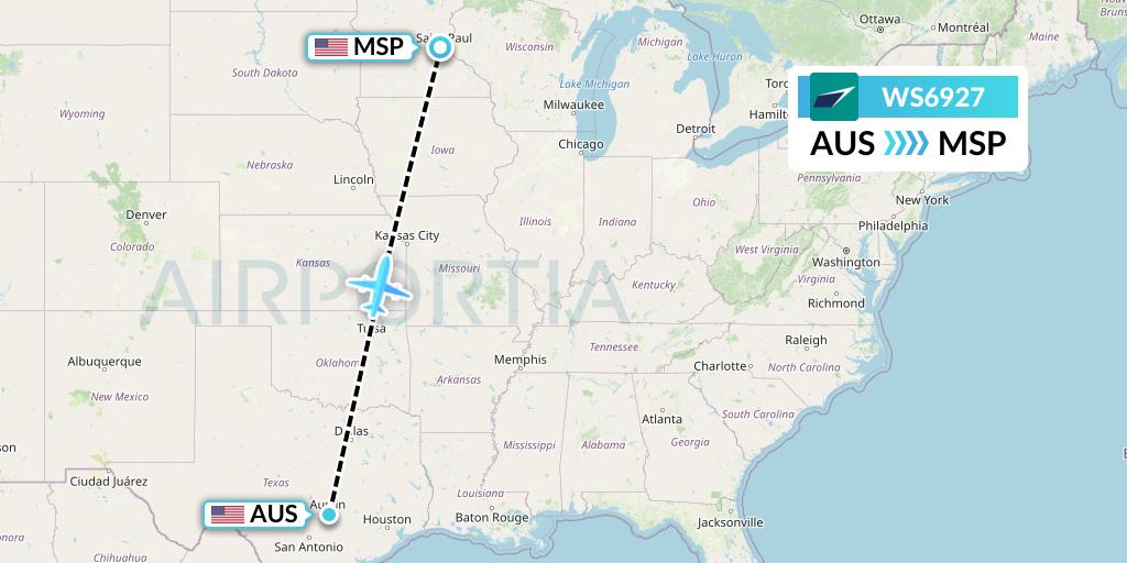 WS6927 WestJet Flight Map: Austin to Minneapolis