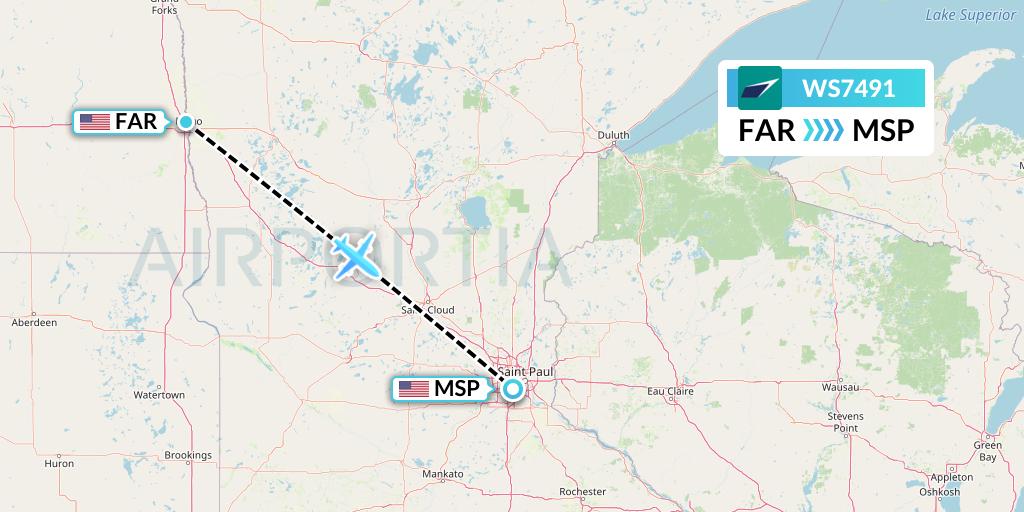WS7491 WestJet Flight Map: Fargo to Minneapolis